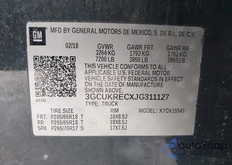 2018 Chevrolet Silverado 1500 2Lt from USA, damaged, VIN 3GCUKRECXJG311127